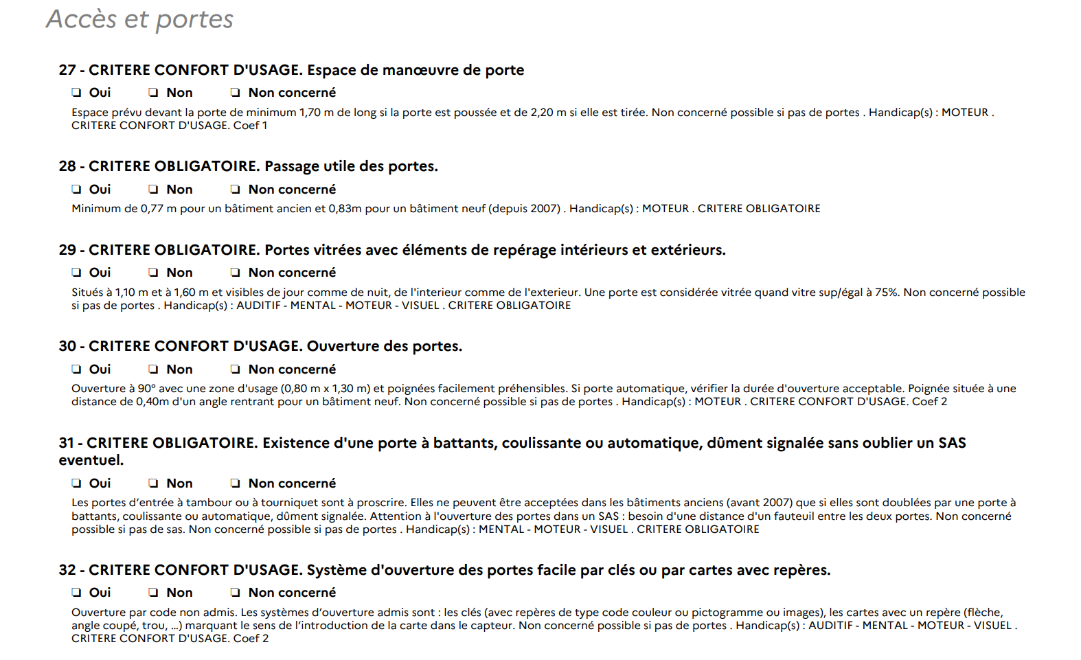 Exemple de critère présent sur la photo : Critère n°27. Critère confort d'usage. Espace de manoeuvre de porte. Cocher : oui, non, non concerné. Explication : Espace prévu devant la porte de minimum 1,70 m de long si la porte est poussée et de 2,20 m si elle est tirée. Non concerné possible si pas de portes . Handicap(s) : MOTEUR . CRITERE CONFORT D'USAGE. Coef 1